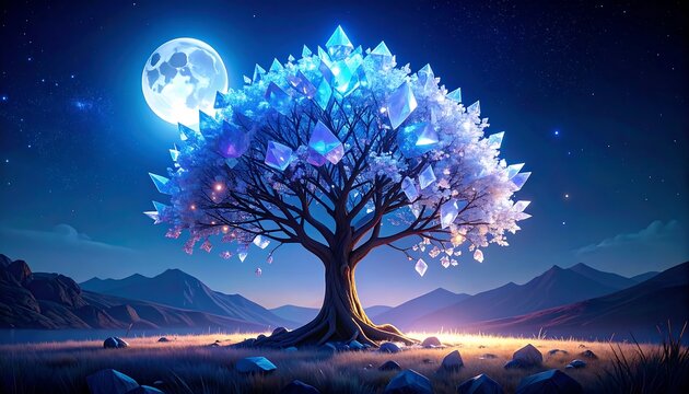 Crystal tree under a full moon, night landscape