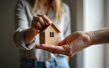 Woman receiving house key. High quality
