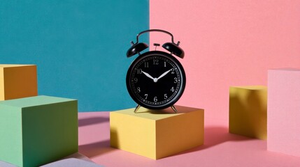 Balanced Black Alarm Clock on Vibrant Colorful Background with Cubes in Flatlay Composition