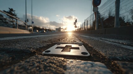 Golden hour sun glints off a reflective road marker, creating a dynamic, low-angle urban perspective with a sense of forward motion and modern infrastructure.