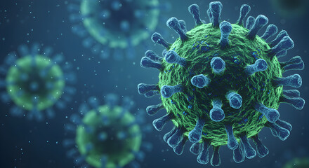 Microscopic 3D rendering of virus particles, depicting infectious disease, pathogen, and viral infection concept on a blue background.