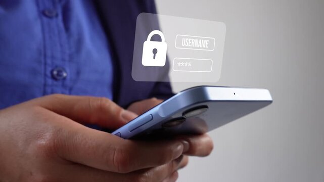 A female executive interacting with her cell phone with a user login interface animation