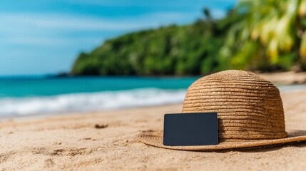 Relaxing Scene with Straw Hat and Mobile Device on Sandy Beach Near Calm Ocean Waves