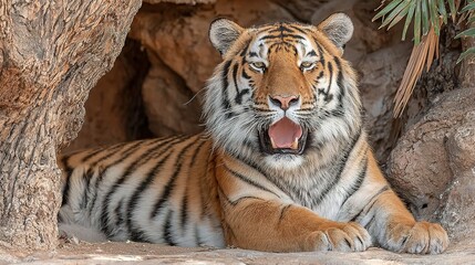 Naklejka premium Tiger resting in a rocky den with green foliage in the background.