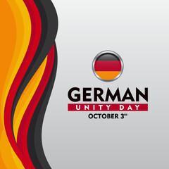 German Unity Day. Celebrated every October 3rd. Design element with waving ribbon flag. Suitable for banner, poster, greeting card, social media