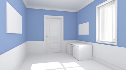 Modern Blurred Interior of Unoccupied Business Office Room with Blue Walls and Minimalist Design