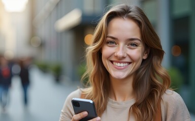 Smiling Young Woman Holding Cellphone. High quality