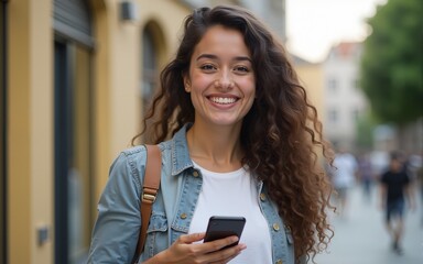 Smiling Young Woman Holding Cellphone. High quality