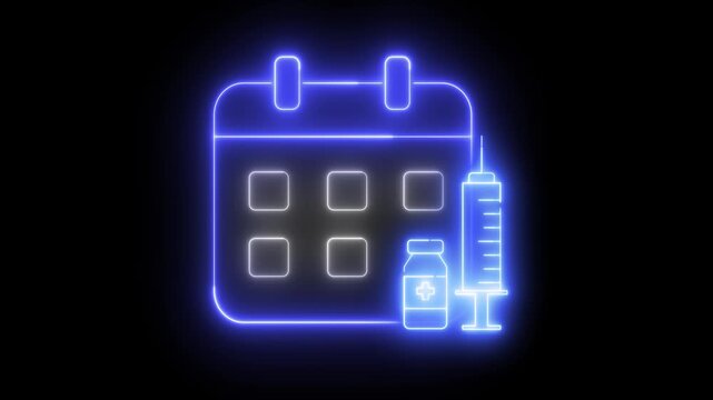 Neon light effect animation of a calendar icon with vaccines