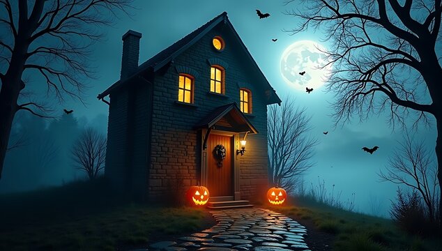 A spooky haunted house on a hill under a full moon, surrounded by bats, fog, and bare trees, glowing jack-o’-lanterns at the entrance.