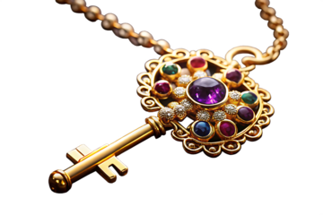 Ornate Gold Key Pendant Necklace with Colorful Gemstones and Diamonds on Black jewelry isolated on a transparent background