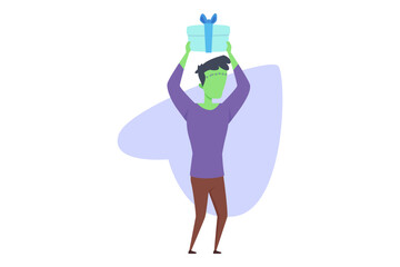 Cartoon character inspired by Frankenstein standing happily with wrapped gift above his head. Halloween celebration concept