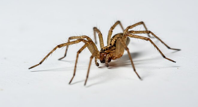 Detailed macro shot of a brown spider against a white background