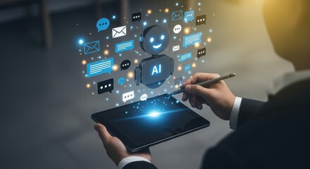 Man using tablet with AI robot and digital communication icons future technology
