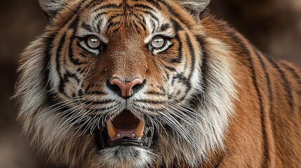 Fototapeta premium Tiger headshot with open mouth showing teeth in a natural setting.