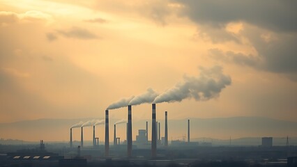 Industrial landscape with smokestacks and a dramatic cloudy sky.