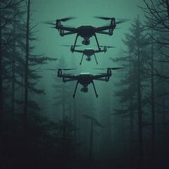 Drones flying misty forest.