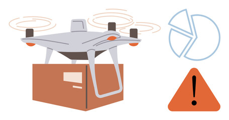 Modern quadcopter transporting a package, spinning propellers, analytics pie chart, and caution sign. Ideal for logistics, shipping, delivery, technology, innovation safety data analysis concepts