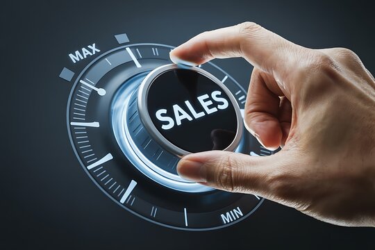 Increase sales volume, profit and revenue concept. Successful marketing strategy improving lead conversion. Business person turning knob to maximum income. Growth boost.