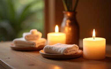 Spa setting with candles on wood. High quality