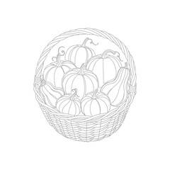 Basket of Pumpkins and Gourds, Autumn Harvest Illustration