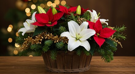 Festive floral arrangement red poinsettias and white lilies in a woven basket