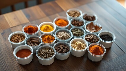 An artistic arrangement of spice cups on a wooden table from an overhead perspective.