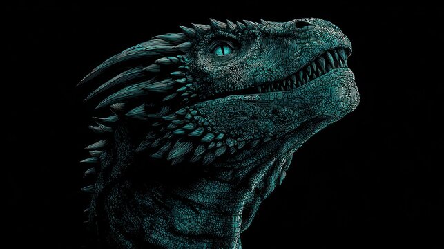 Detailed dragon portrait with textured scales and emerald eyes against dark
