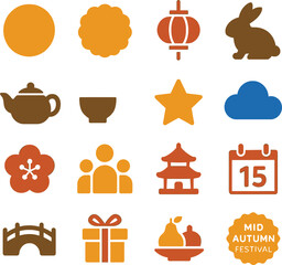 Mid Autumn Festival 16 Solid Color Icon Set Collection on White Background