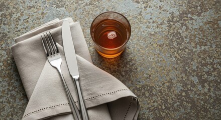 Cutlery on linen napkin with amber drink on stone