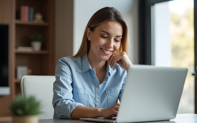 Woman working on laptop. High quality