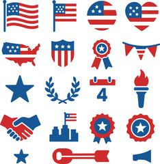 USA Flag 16 Solid Color Icon Set Collection on White Background