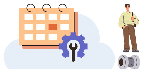 Calendar highlighted with gear and tool symbol for organization, joined by a standing person holding a bag near a pipe element. Ideal for scheduling, productivity, planning, management, deadlines