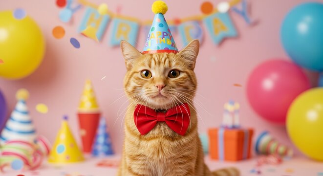 Festive ginger cat wearing a party hat and bow tie at a birthday celebration - Powered by Adobe