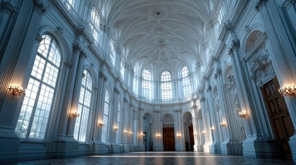 Fototapeta premium Grand Interior Of A European Classical Building Featuring Detailed Architectural Elements in Shades Of White and Blue