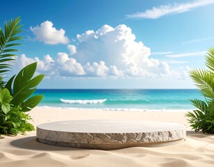 Fototapeta premium Tropical beach scene with a round, stone platform in the sand