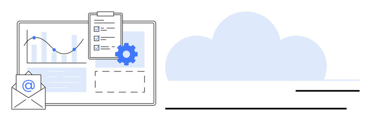 Fototapeta na wymiar Graph on monitor alongside email, checklist, and gear near cloud symbol. Ideal for data storage, cloud computing, analytics, email solutions, task management, teamwork simple flat metaphor
