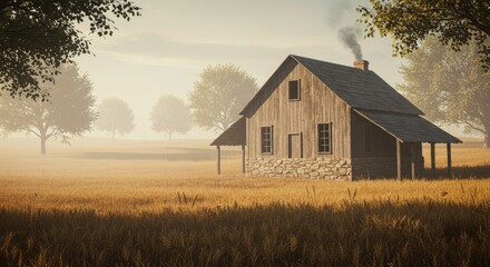 Obraz premium Rustic Wooden Cabin in Foggy Meadow at Sunrise