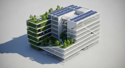 Modern Architectural Vision for Sustainable Urban Living Integrating Green Walls, Rooftop Gardens, and Photovoltaic Solar Panels for Eco-Friendly Buildings