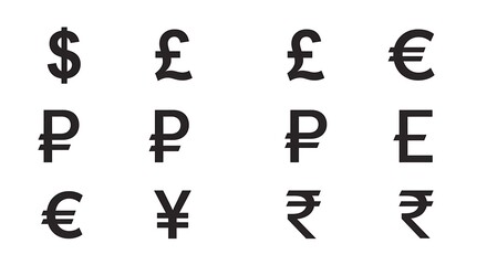 Currency symbols dollar euro pound yen ruble and rupee icons