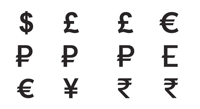 Currency symbols dollar euro pound yen ruble and rupee icons - Powered by Adobe