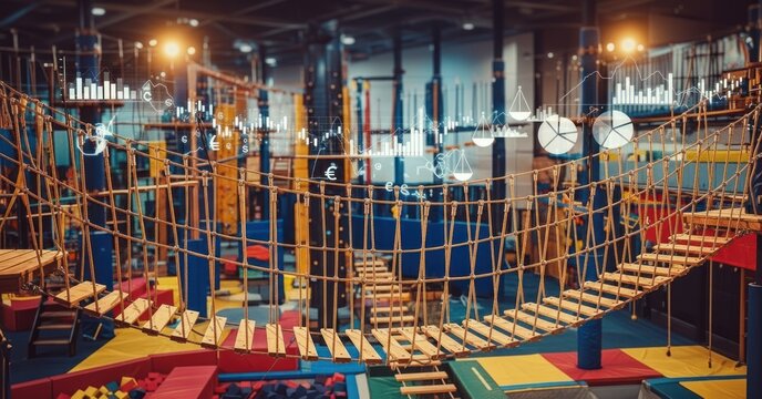 Indoor playground with climbing structures and a rope bridge in a colorful environment, featuring overlayed digital charts and financial indicators, suggestive of business and growth. - Powered by Adobe
