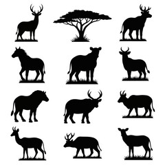 Silhouette Collection of African Wildlife Animals and Tree