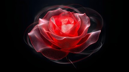 Digital artwork of a glowing abstract red rose with intricate layered petals on a black background.