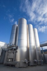 A sleek industrial facility features tall metallic silos against a clear blue sky, showcasing modern design and functionality.