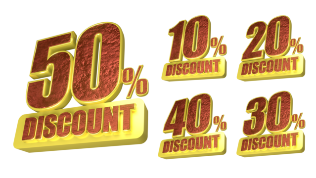 3D Package Red and Gold Discount Labels 10 20 30 40 50 Percent Off with Transparent Background