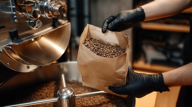 A person wearing gloves holds a bag of coffee beans near a roasting machine, showcasing the process of coffee preparation.