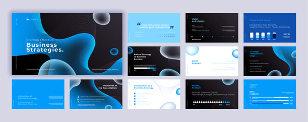 Abstract blue powerpoint presentation templates set, blue color identity presentation background, banner template, brochure, landing page, company profile, business design package set.