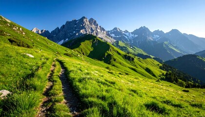 Lush alpine meadow trail winding up a mountain slope under a bright blue sky