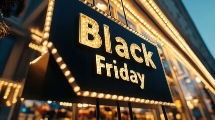 Illuminated black friday sign hanging outside a store with bright lights around the edges